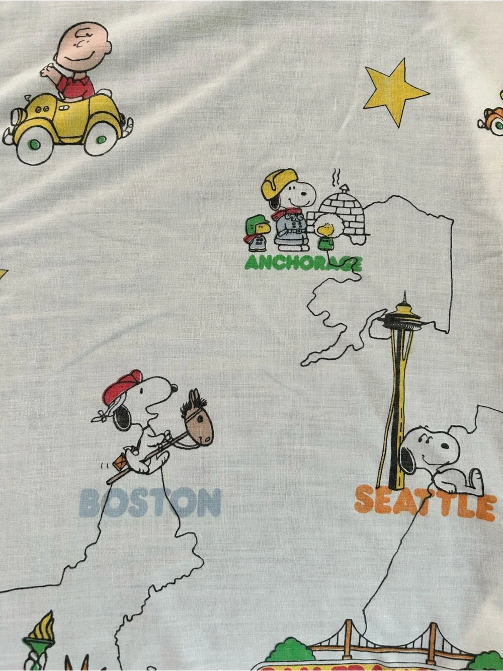 Peanuts ~1970s “See America First” US Cities Vintage Twin Top + Bottom Sheet Set